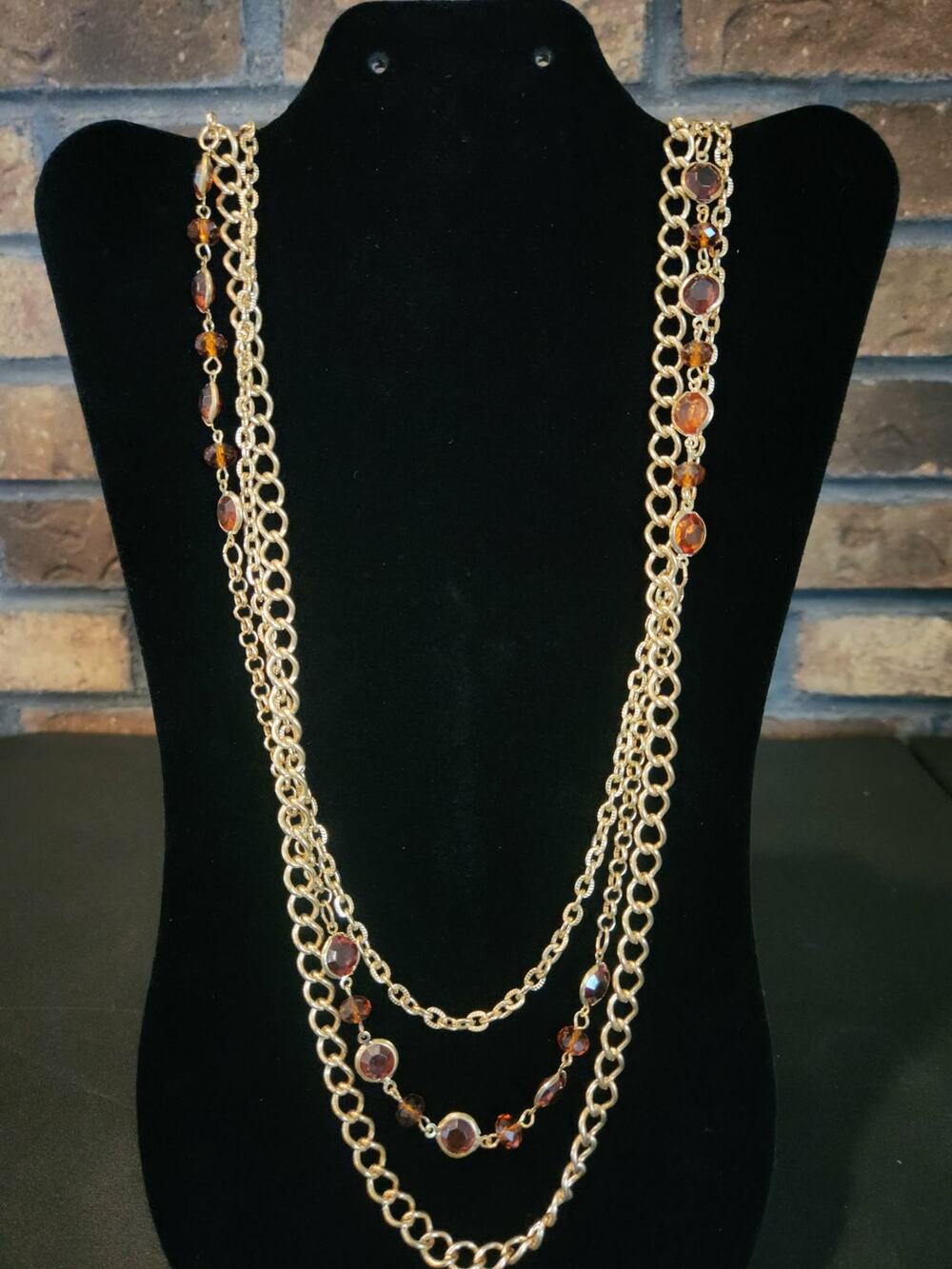 Triple Strand Gold Tone Necklace with Amber Color Rhinestones & Cable Chain